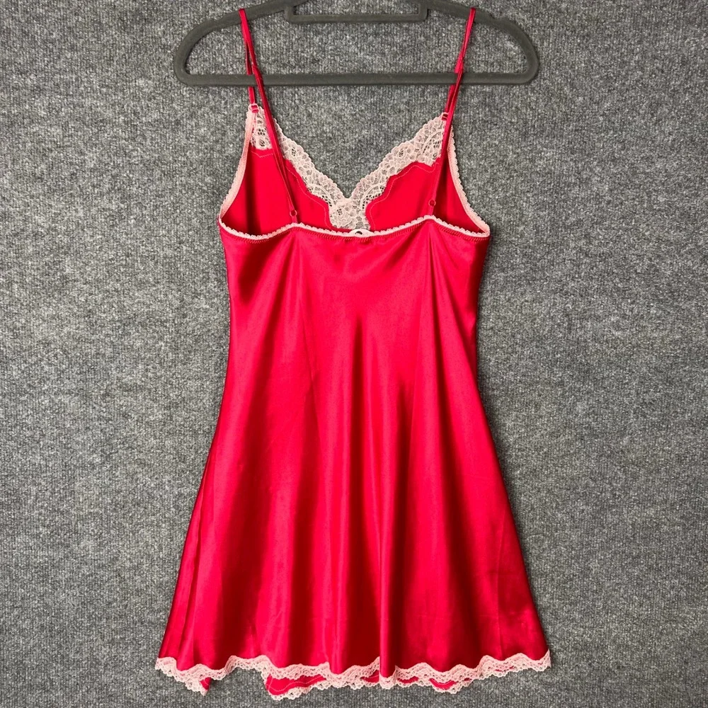 Victoria Secret Slip Dress Womens Medium Red Lace Trim Satin Chemise